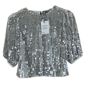 NWT ASOS Crop Top Womens 2 Silver Sequin Puff Sleeve Mesh Disco Futuristic